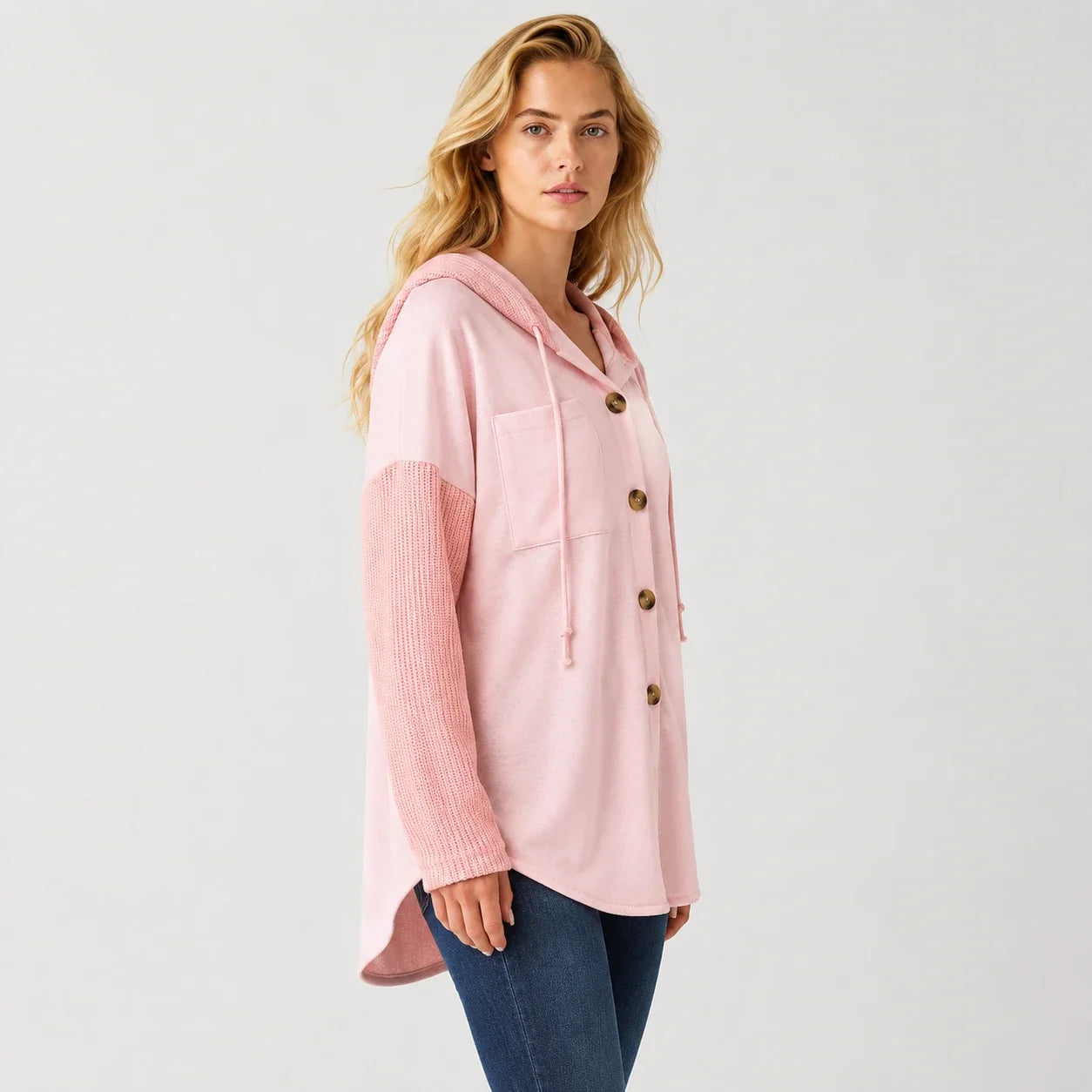 Hooded Button Knit Sleeve Top WHD0606272