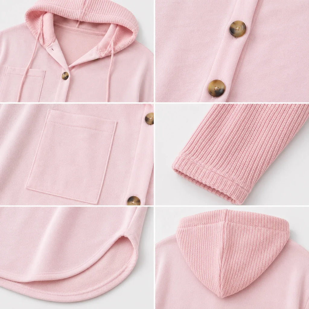 Hooded Button Knit Sleeve Top WHD0606272