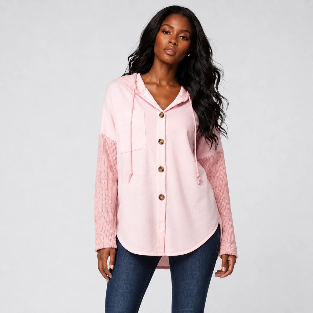 Hooded Button Knit Sleeve Top WHD0606272