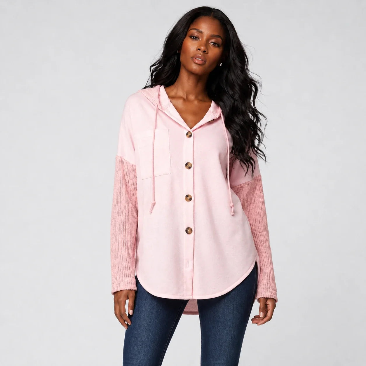 Hooded Button Knit Sleeve Top WHD0606272