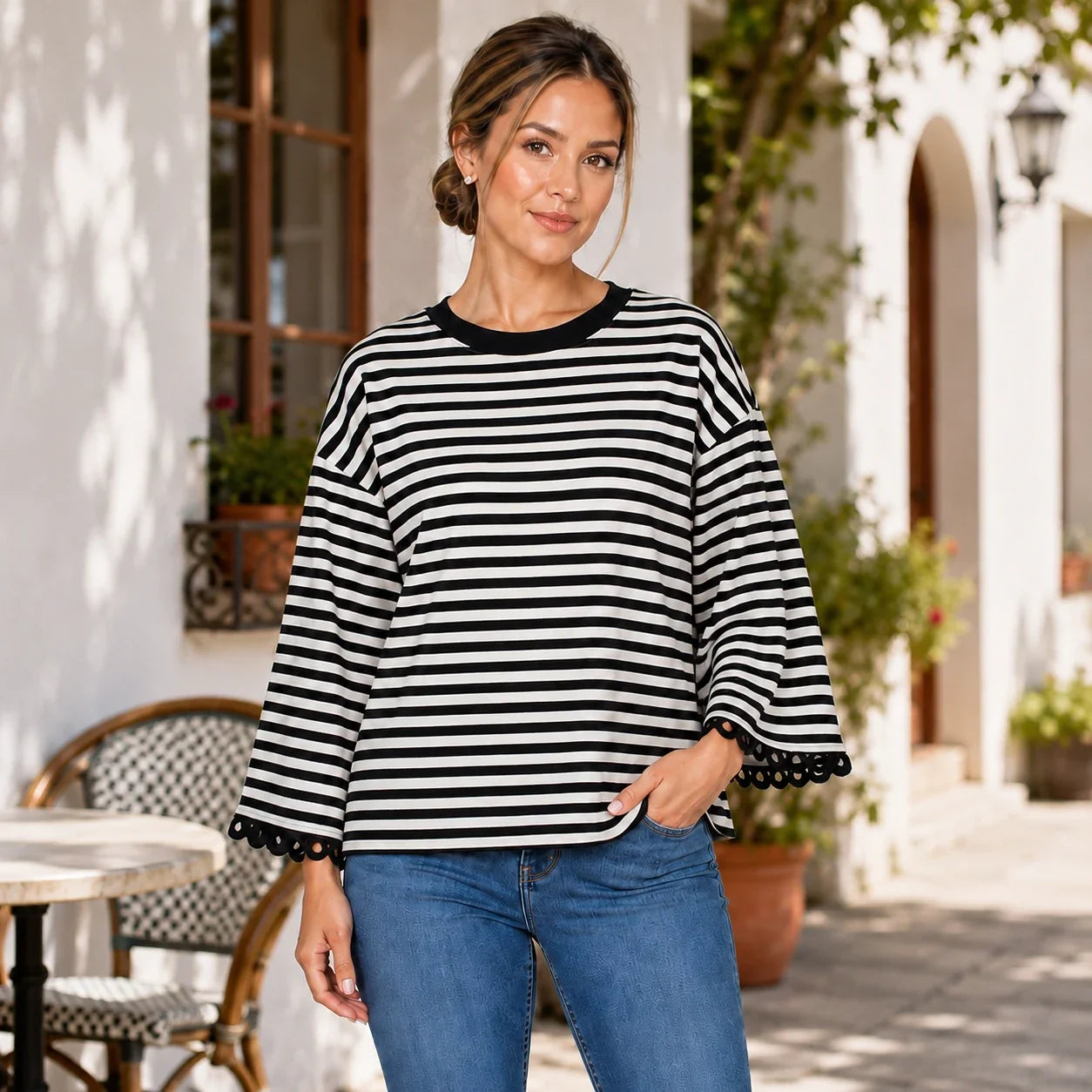 Striped Lace Cuff Top WHD0606274