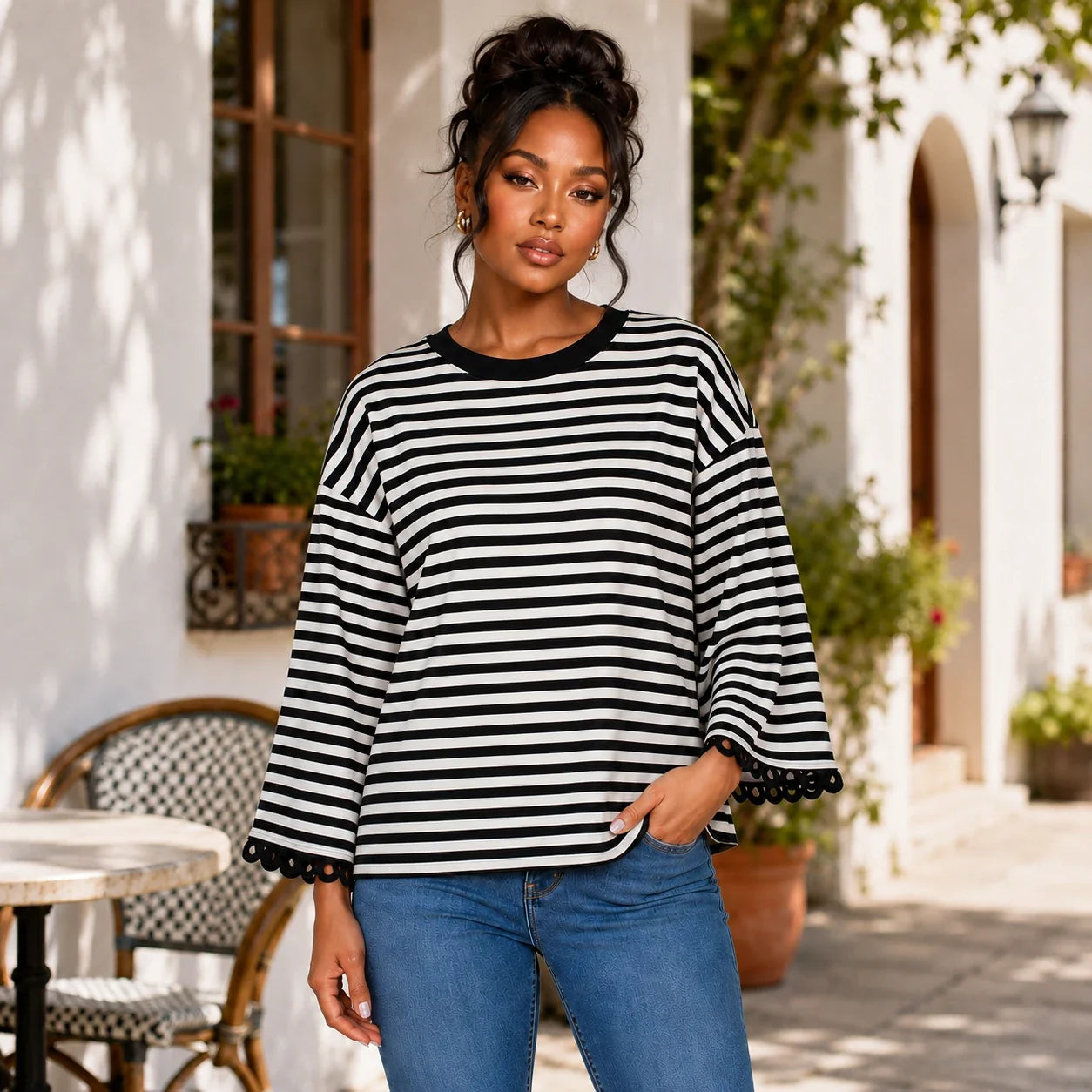 Striped Lace Cuff Top WHD0606274
