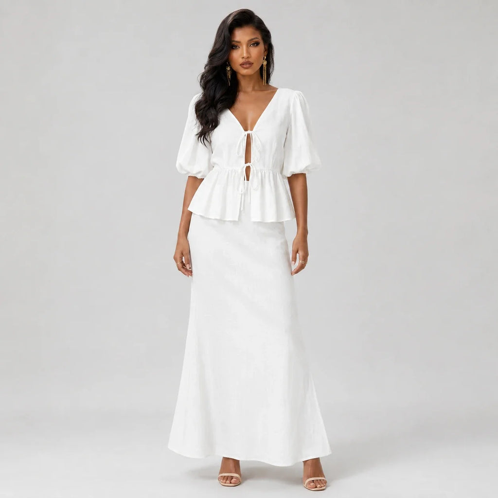 Tie-Front Peplum Skirt Set WHD0606285