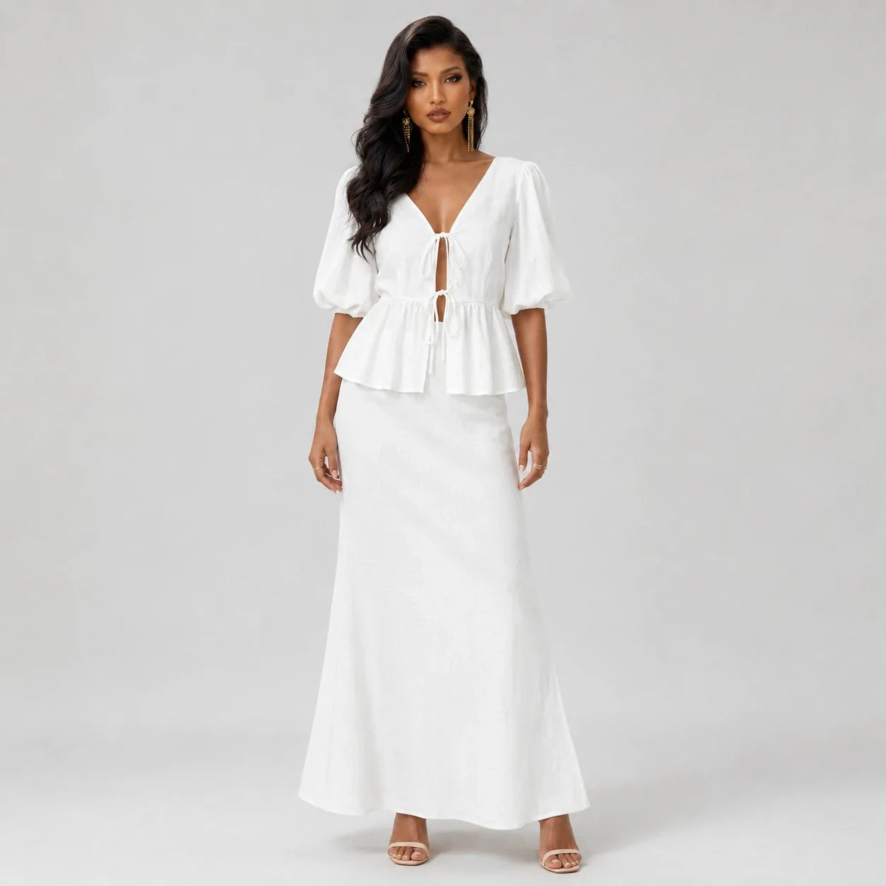 Tie-Front Peplum Skirt Set WHD0606285
