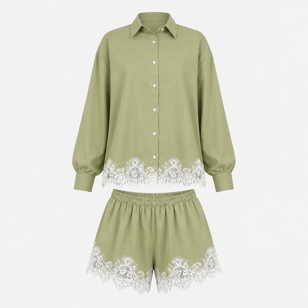 Lace Hem Shirt Short Set WHD0606286