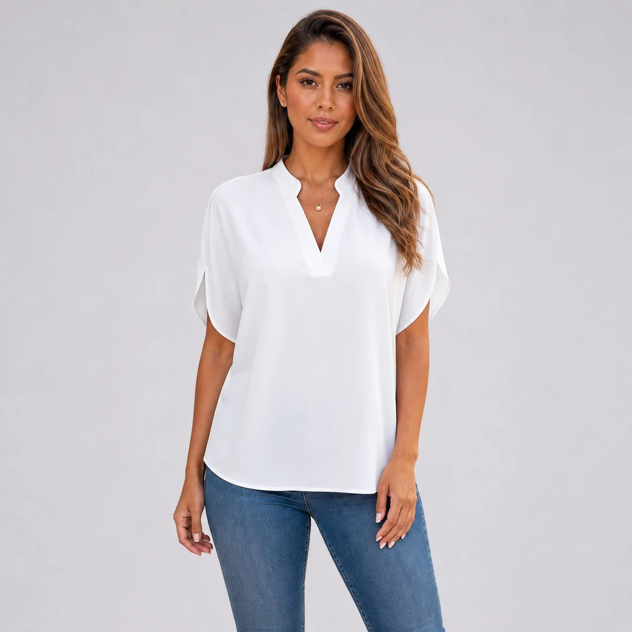 Split Neck White Blouse WHD0606290