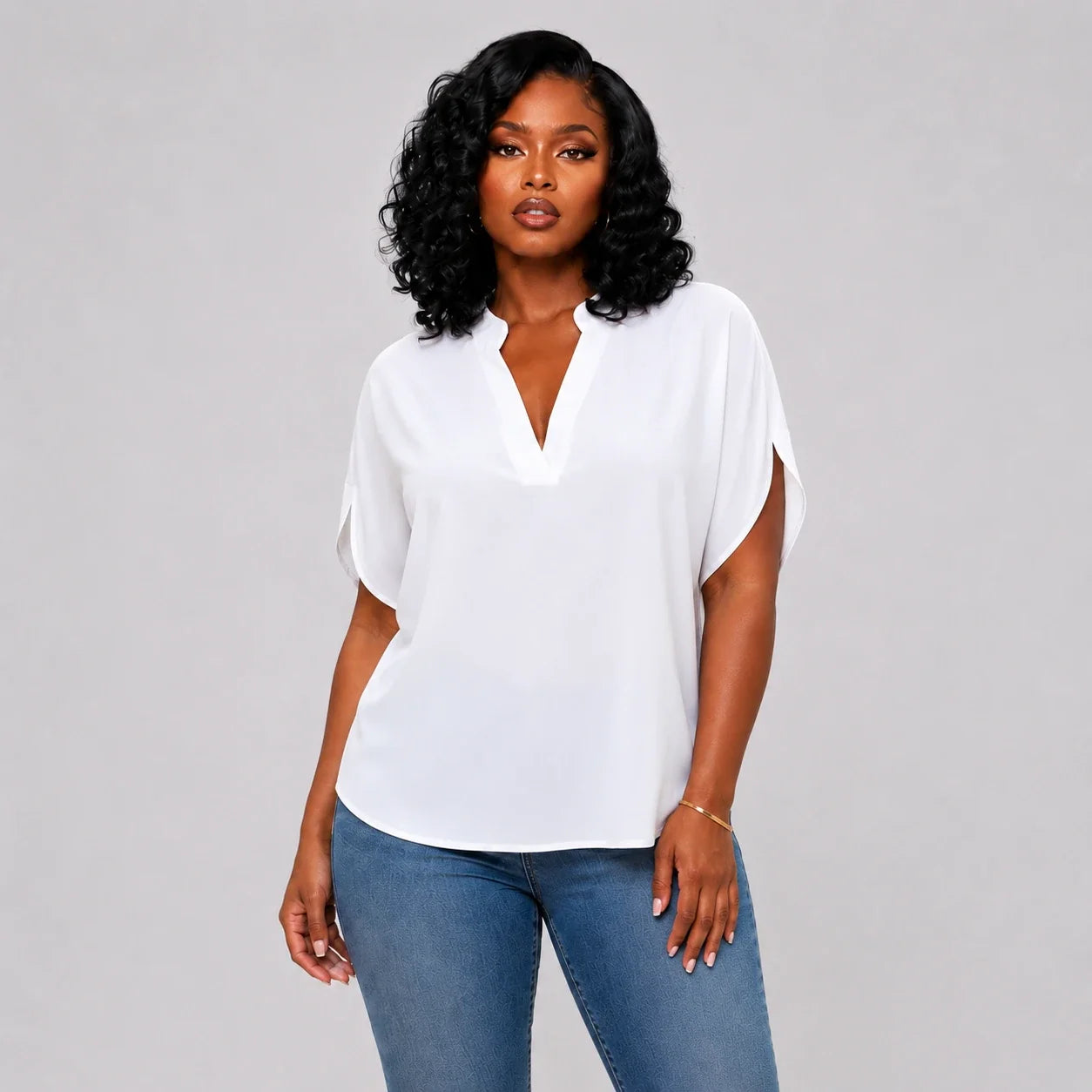 Split Neck White Blouse WHD0606290