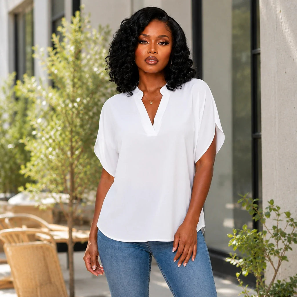 Split Neck White Blouse WHD0606290