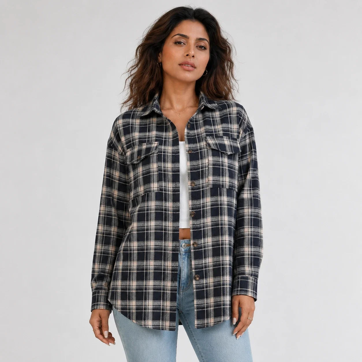 Plaid Button Front Shirt Jacket WHD0606295