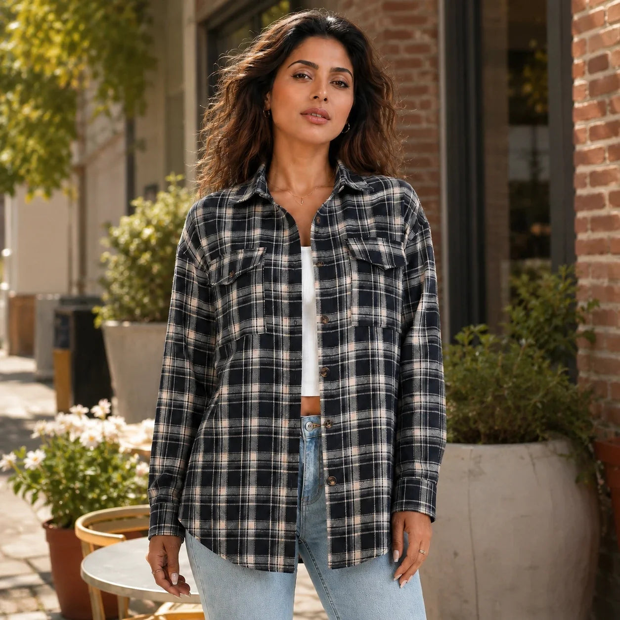 Plaid Button Front Shirt Jacket WHD0606295