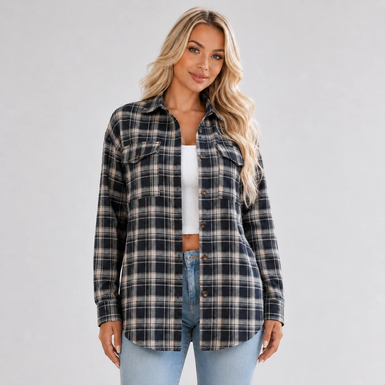 Plaid Button Front Shirt Jacket WHD0606295