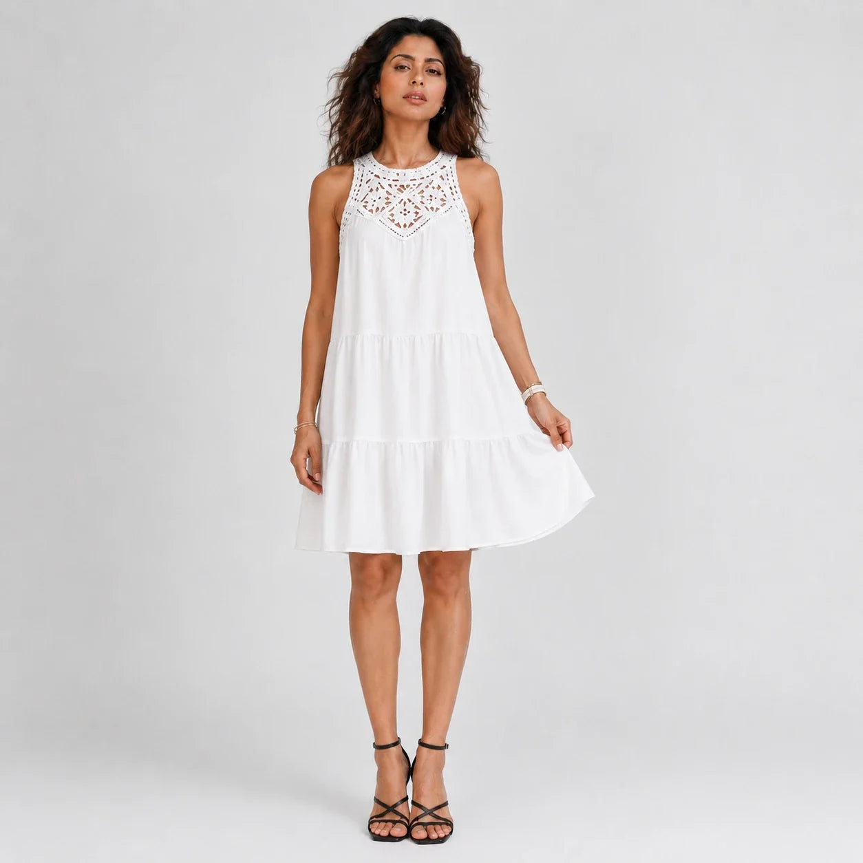 Crochet Yoke Tiered Dress WHD0606300