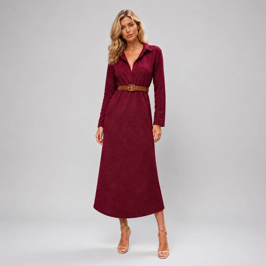 Belted Burgundy Midi Dress WHD0606304