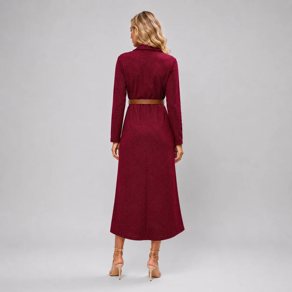 Belted Burgundy Midi Dress WHD0606304
