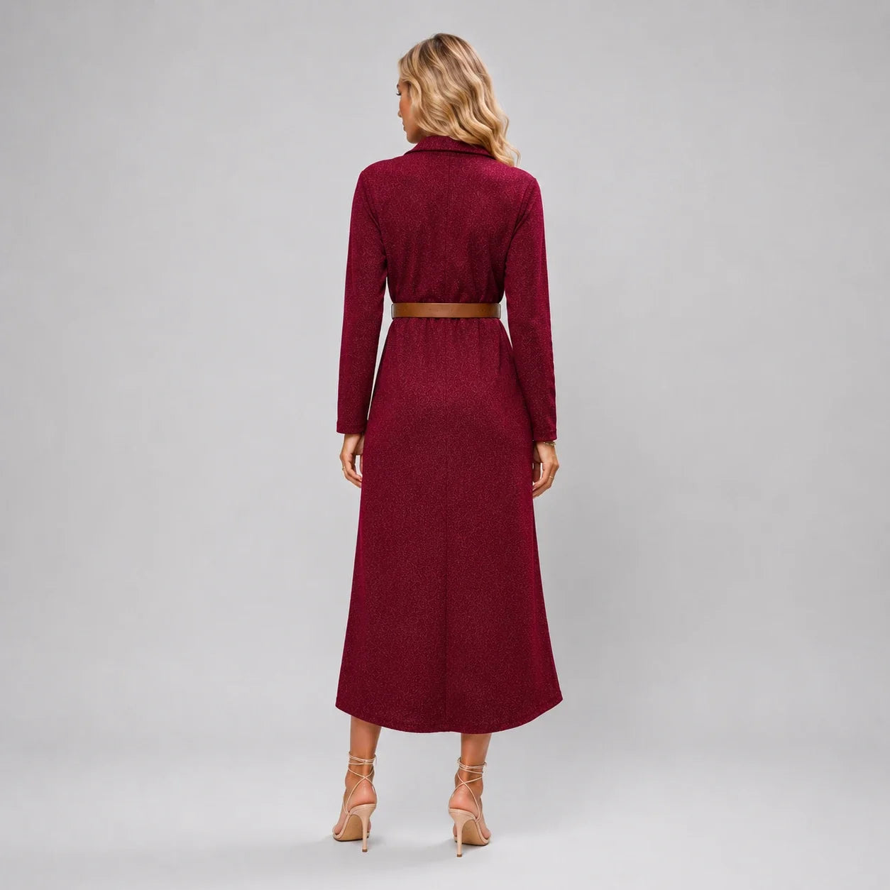 Belted Burgundy Midi Dress WHD0606304