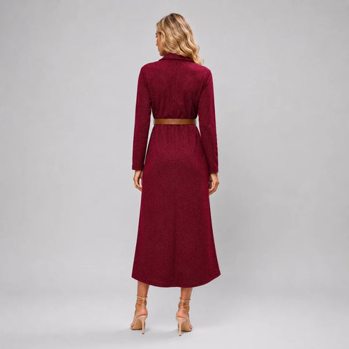 Belted Burgundy Midi Dress WHD0606304