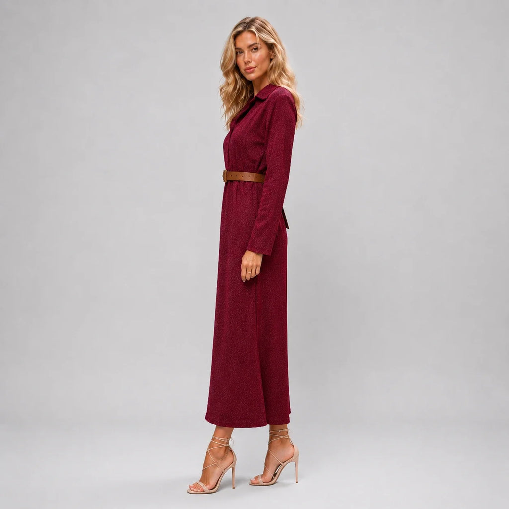 Belted Burgundy Midi Dress WHD0606304