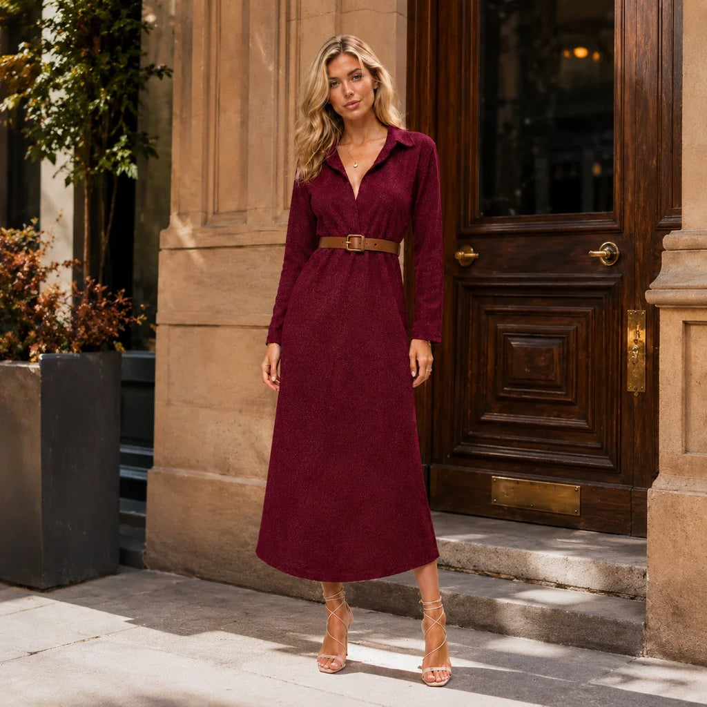 Belted Burgundy Midi Dress WHD0606304