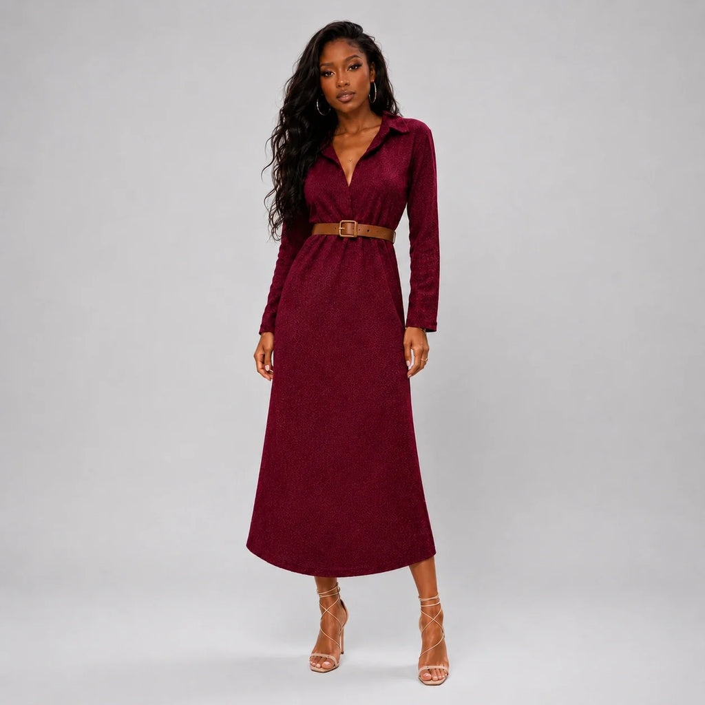 Belted Burgundy Midi Dress WHD0606304