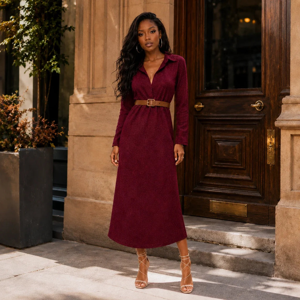 Belted Burgundy Midi Dress WHD0606304