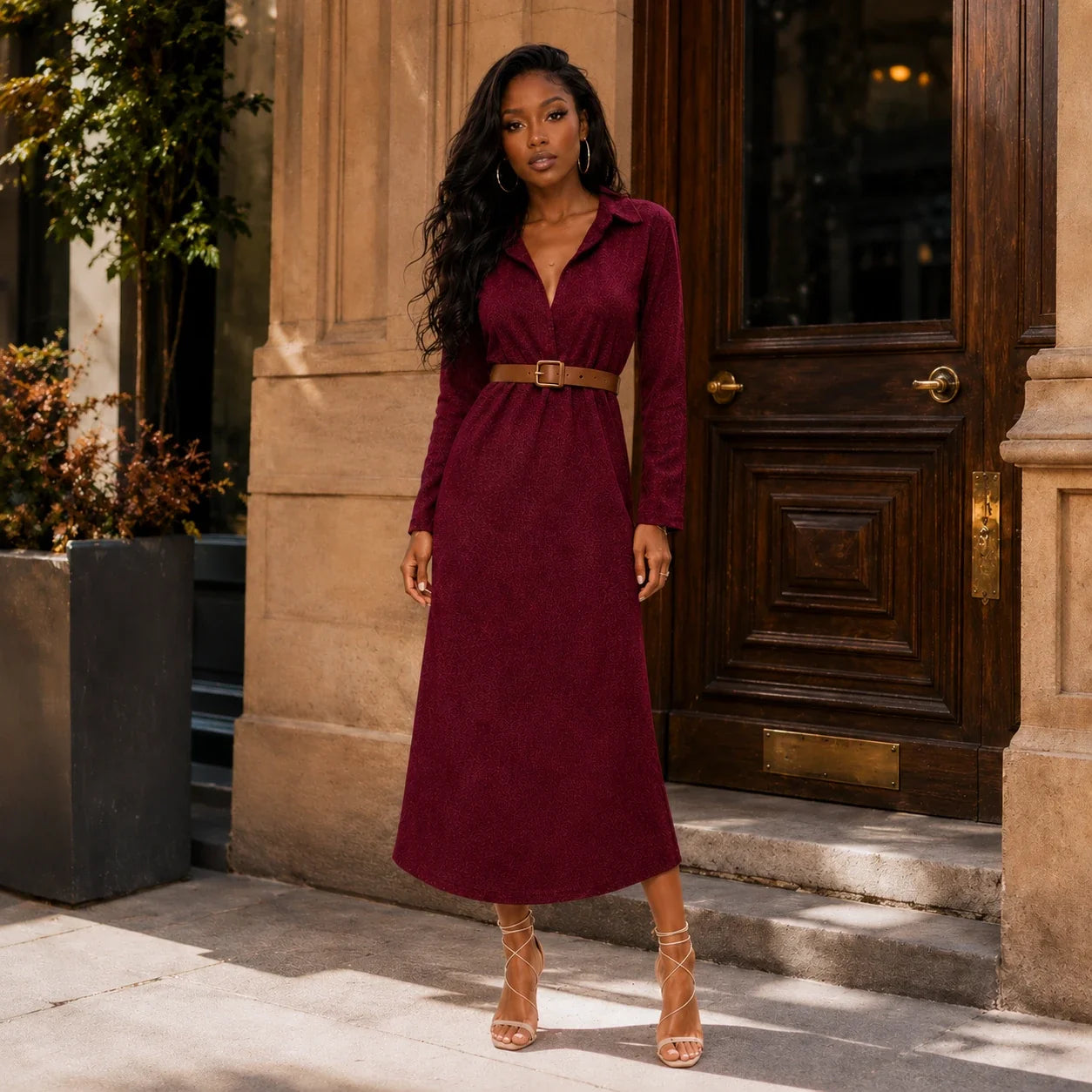 Belted Burgundy Midi Dress WHD0606304