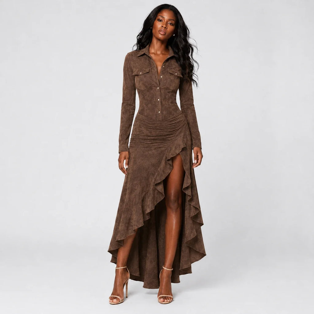Western Ruffle Slit Maxi Dress WHD0606305