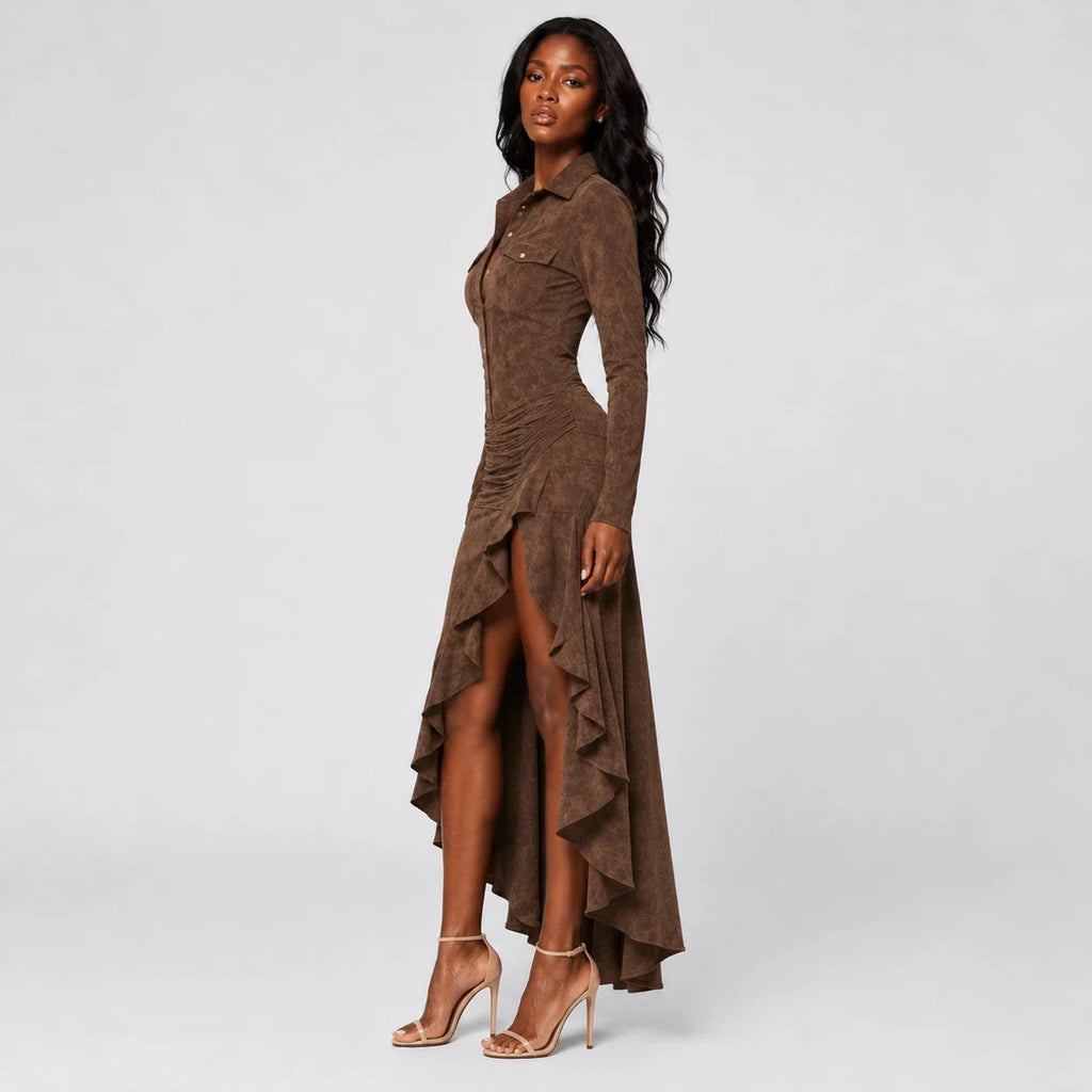 Western Ruffle Slit Maxi Dress WHD0606305