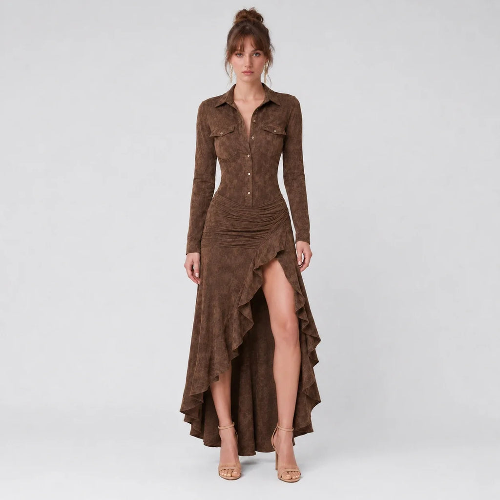 Western Ruffle Slit Maxi Dress WHD0606305