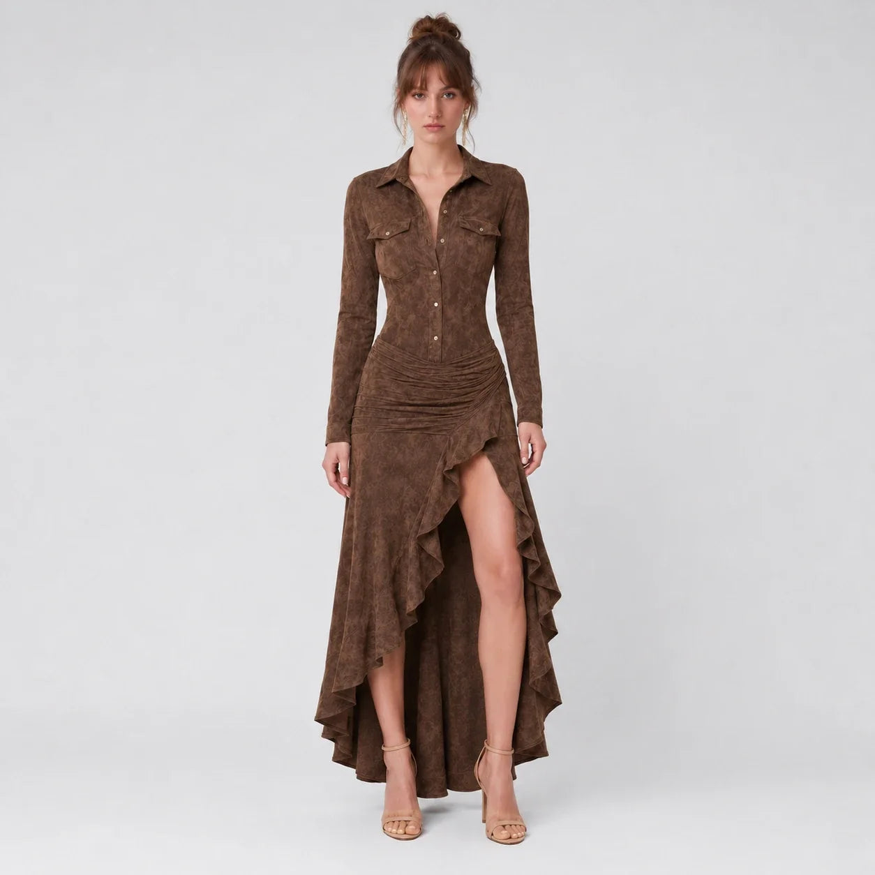 Western Ruffle Slit Maxi Dress WHD0606305