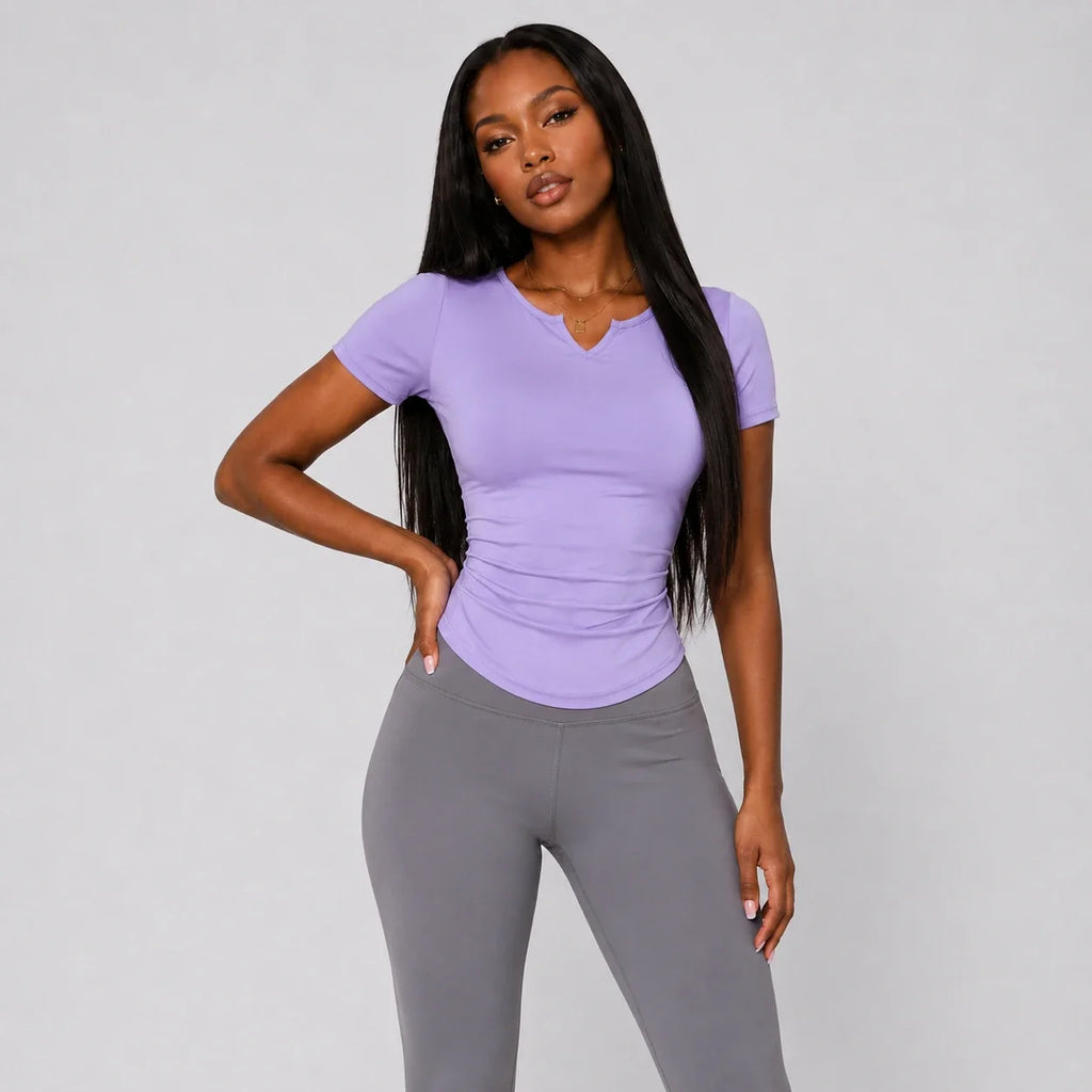 Ruched V-Neck Active Tee WHD0606321-JYMD026