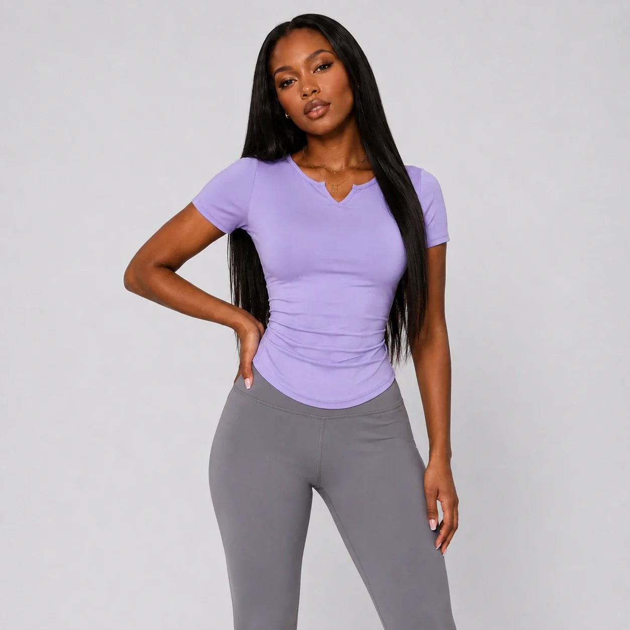 Ruched V-Neck Active Tee WHD0606321-JYMD026