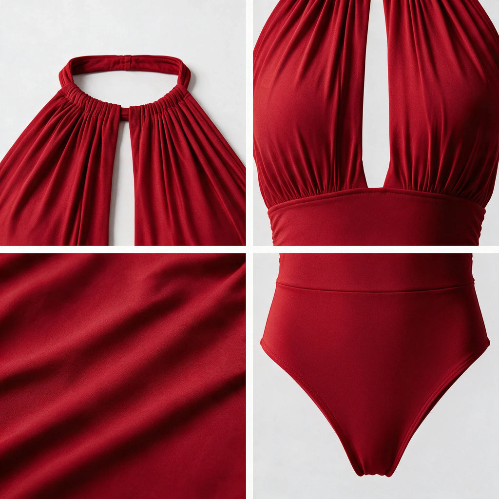 Red Keyhole Halter Swimsuit WHD0606376-KA-23122-02