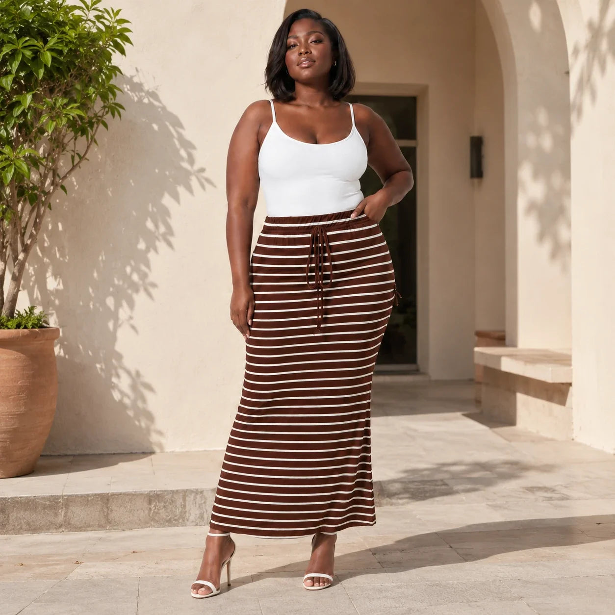 Striped Drawstring Maxi Skirt WHD0606388
