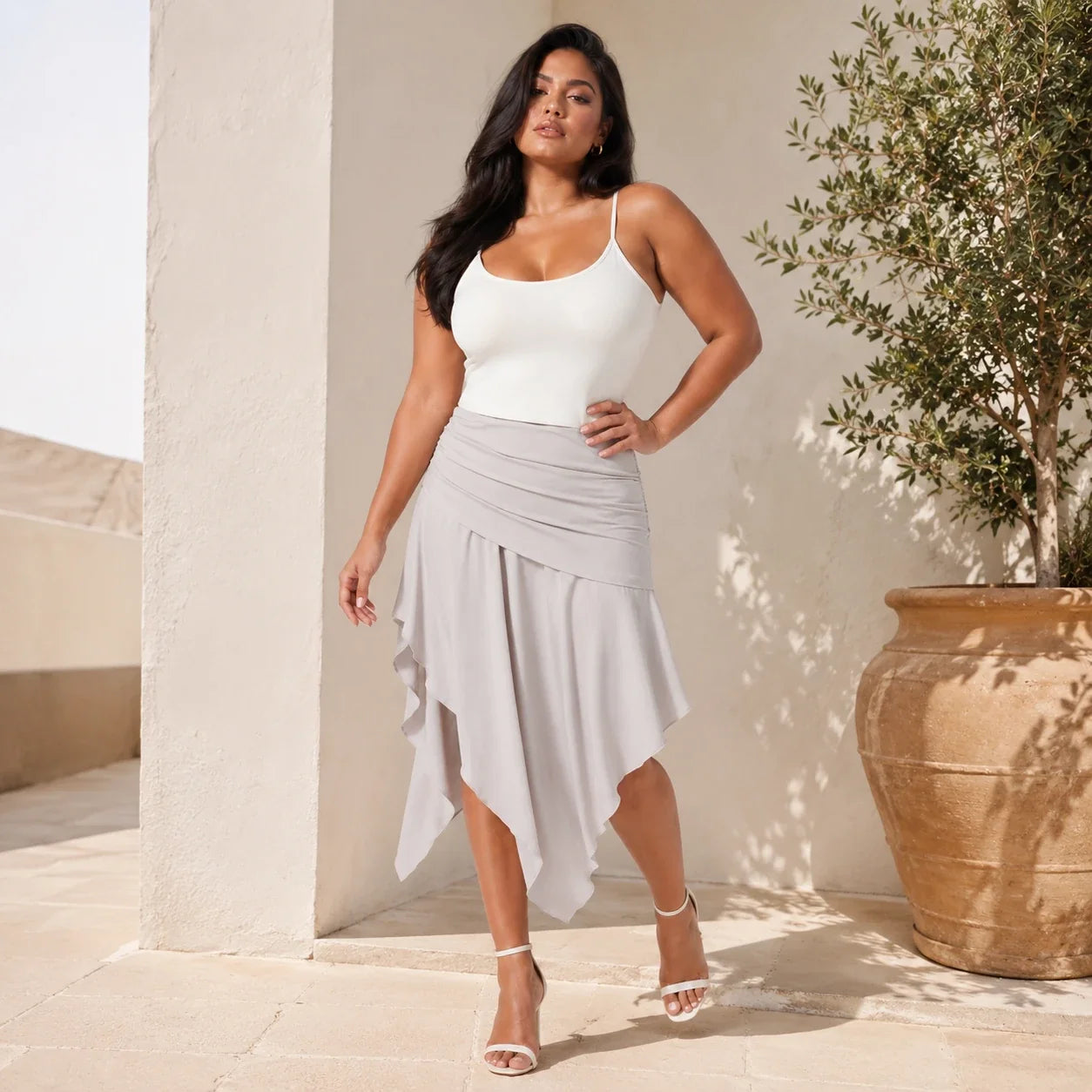 Ruched Asymmetric Midi Skirt WHD0606391
