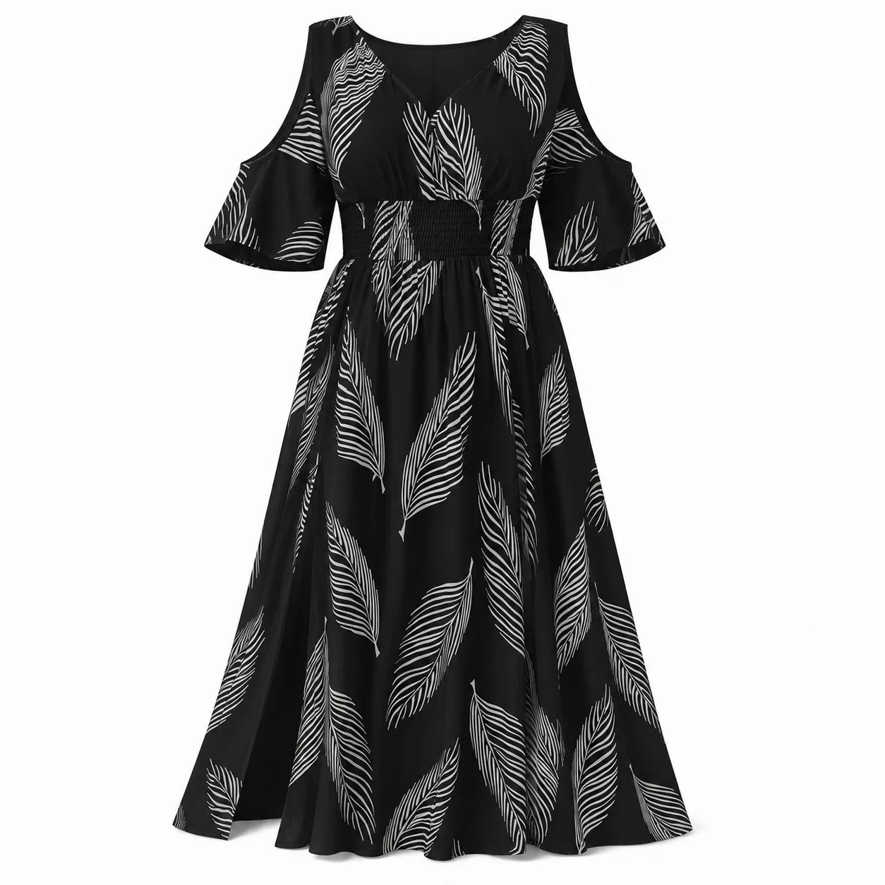 Leaf Print Cold-Shoulder Maxi Dress WHD0606397