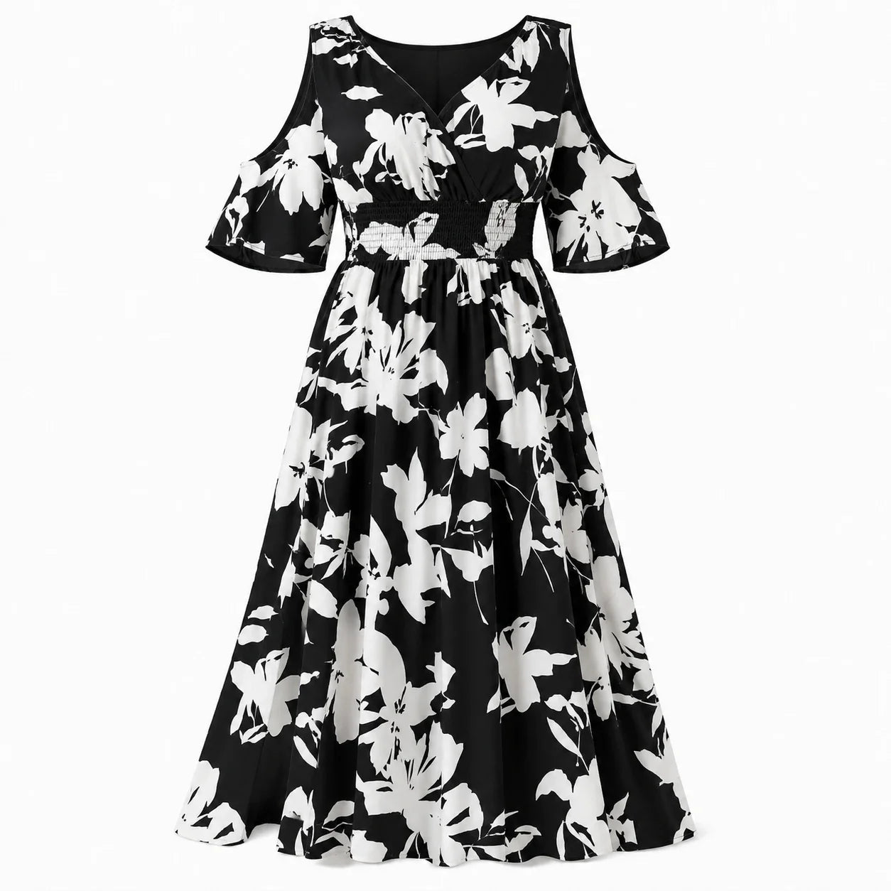 Leaf Print Cold-Shoulder Maxi Dress WHD0606397