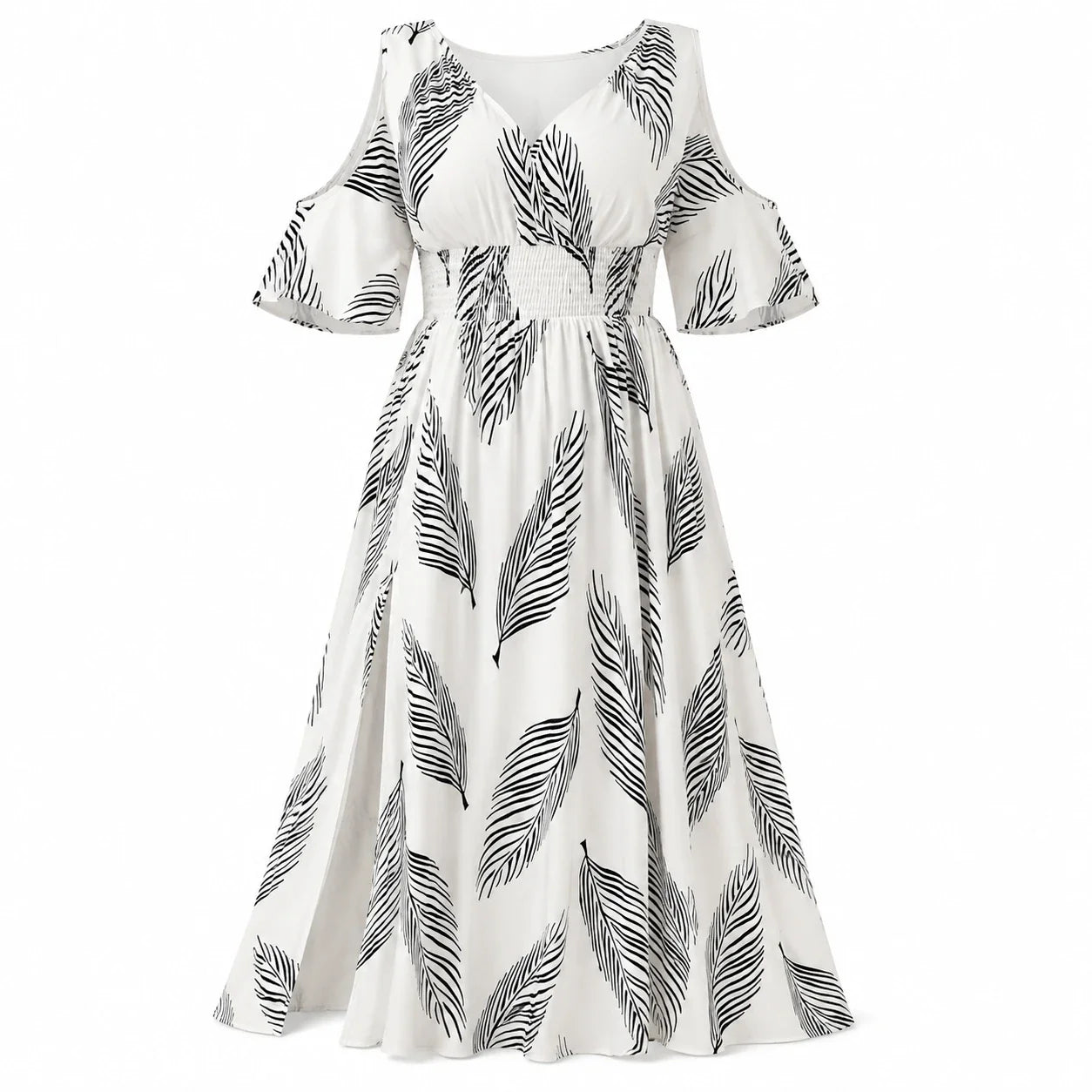 Leaf Print Cold-Shoulder Maxi Dress WHD0606397