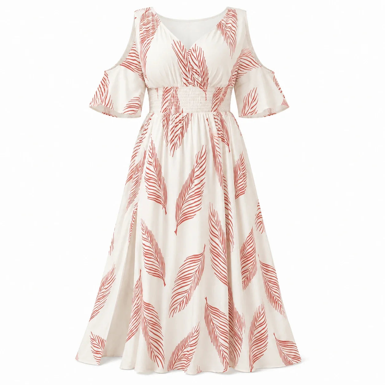 Leaf Print Cold-Shoulder Maxi Dress WHD0606397