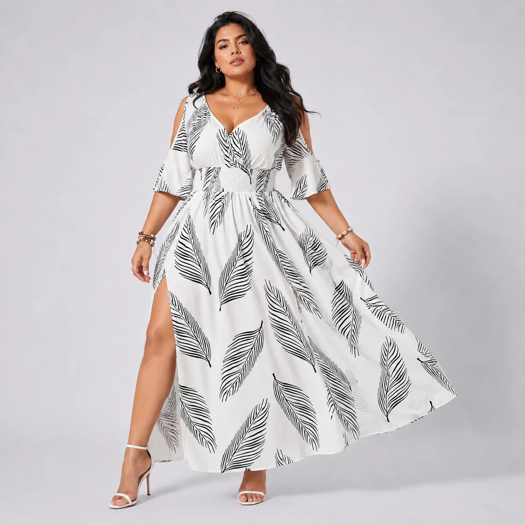 Leaf Print Cold-Shoulder Maxi Dress WHD0606397