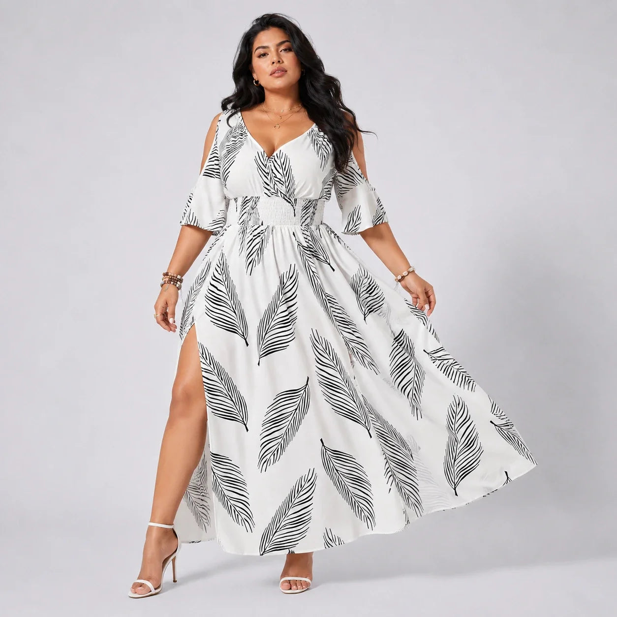 Leaf Print Cold-Shoulder Maxi Dress WHD0606397