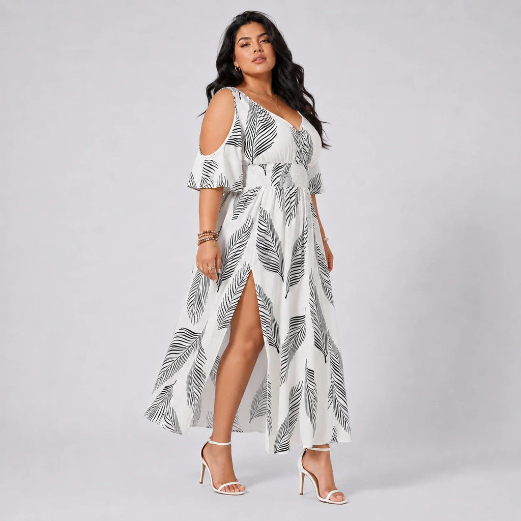 Leaf Print Cold-Shoulder Maxi Dress WHD0606397