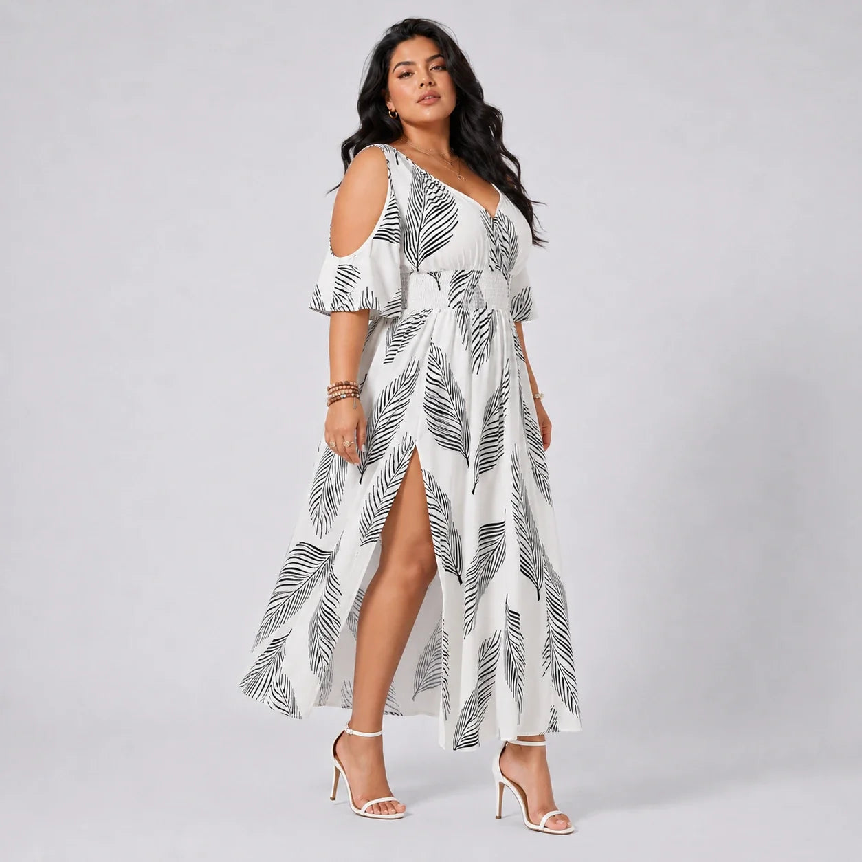 Leaf Print Cold-Shoulder Maxi Dress WHD0606397