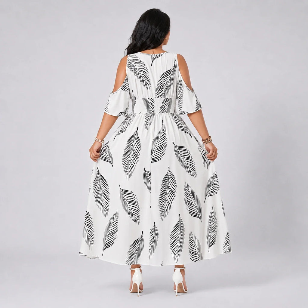 Leaf Print Cold-Shoulder Maxi Dress WHD0606397