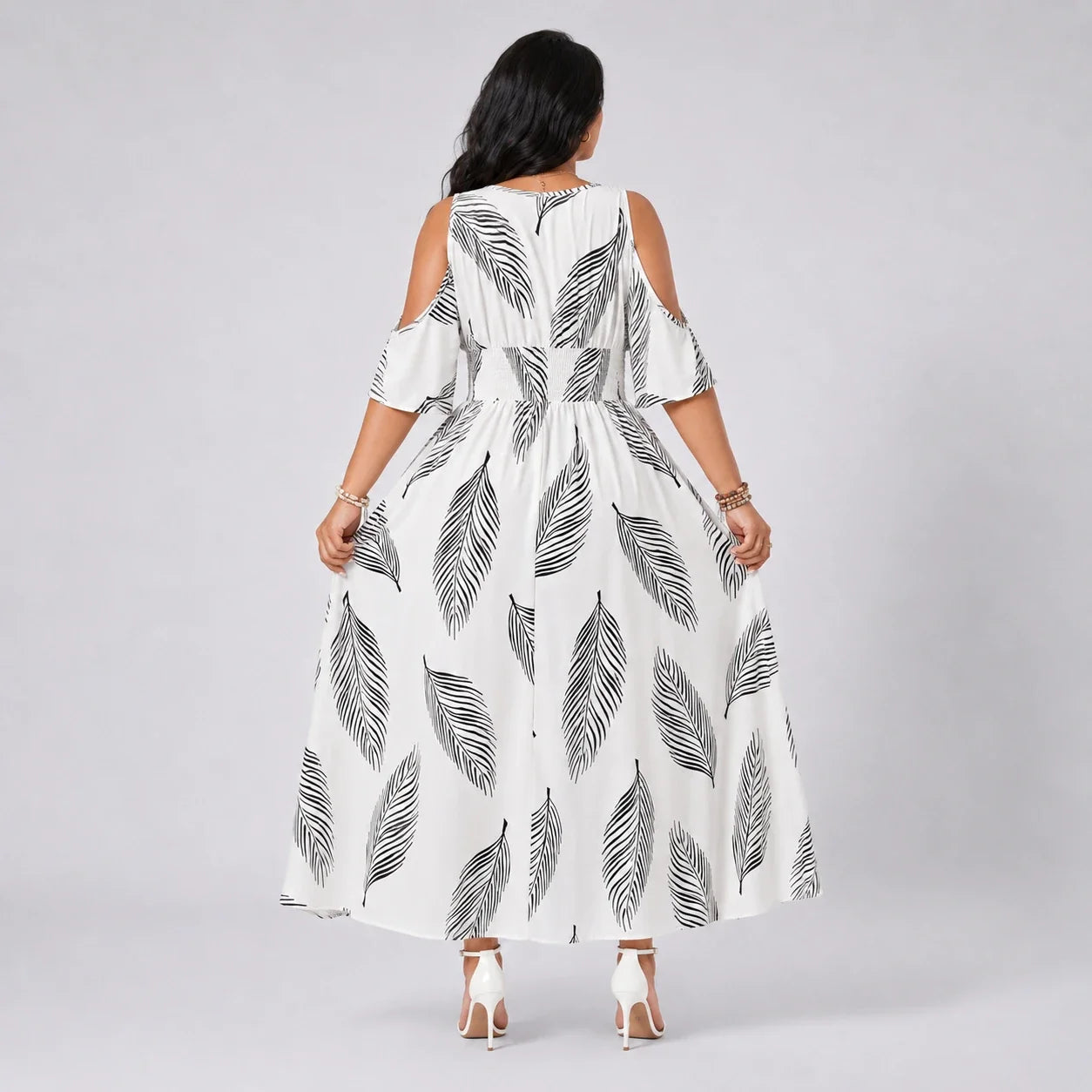 Leaf Print Cold-Shoulder Maxi Dress WHD0606397