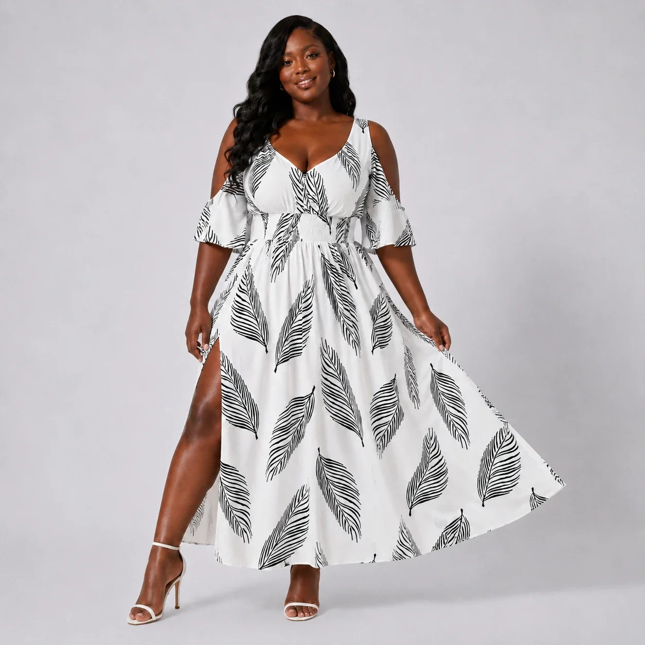 Leaf Print Cold-Shoulder Maxi Dress WHD0606397