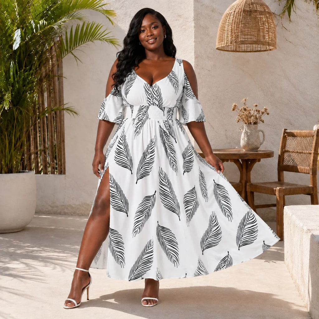 Leaf Print Cold-Shoulder Maxi Dress WHD0606397