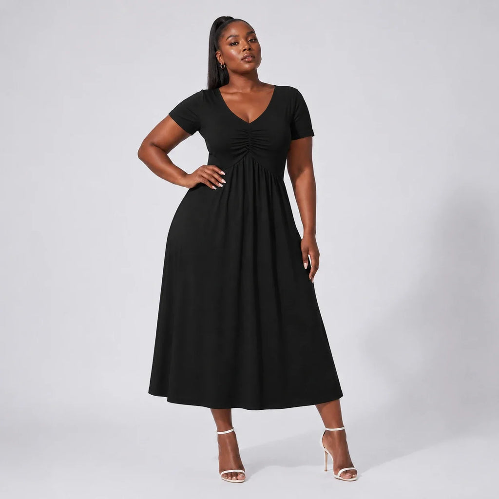 Ruched V-Neck Midi Dress WHD0606398