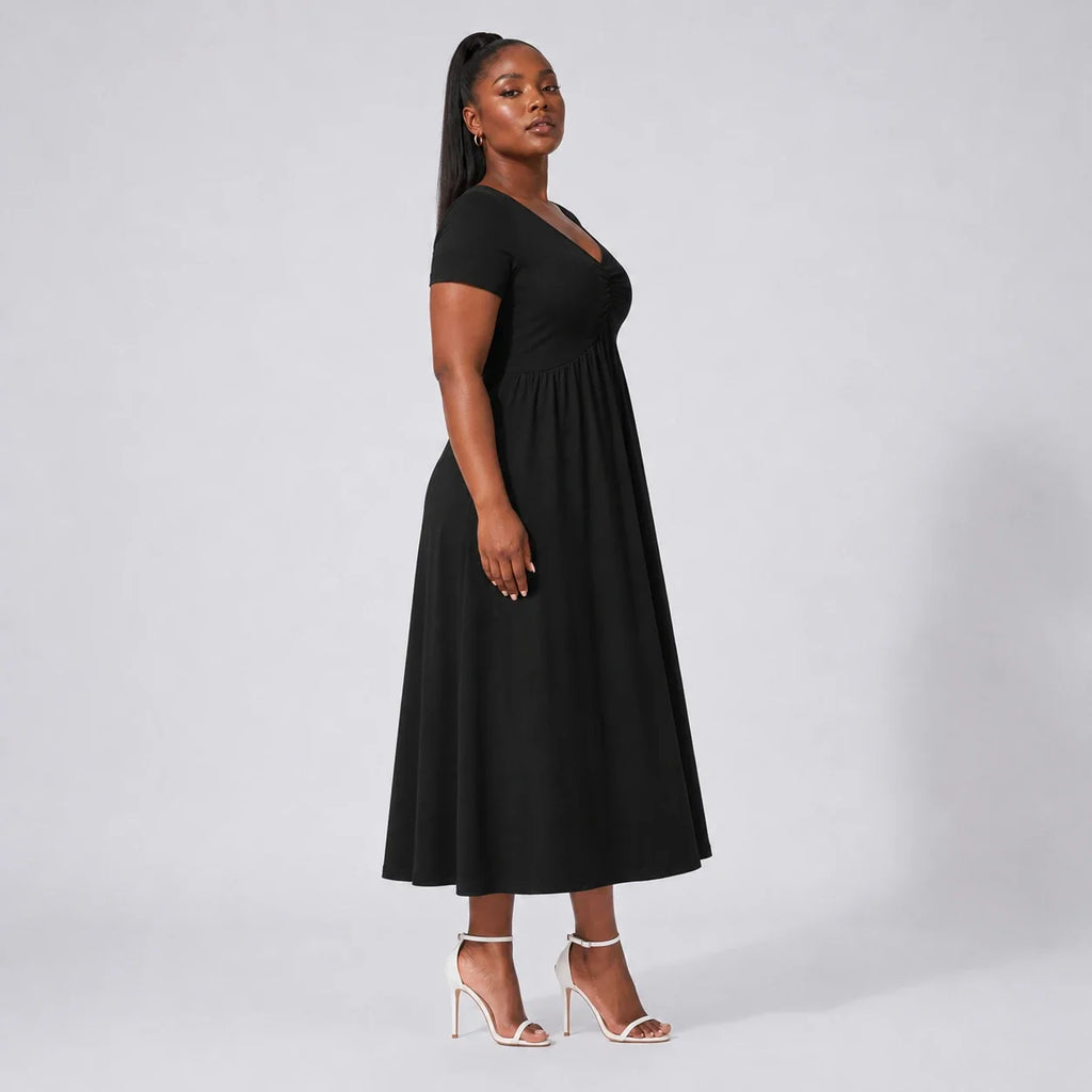 Ruched V-Neck Midi Dress WHD0606398