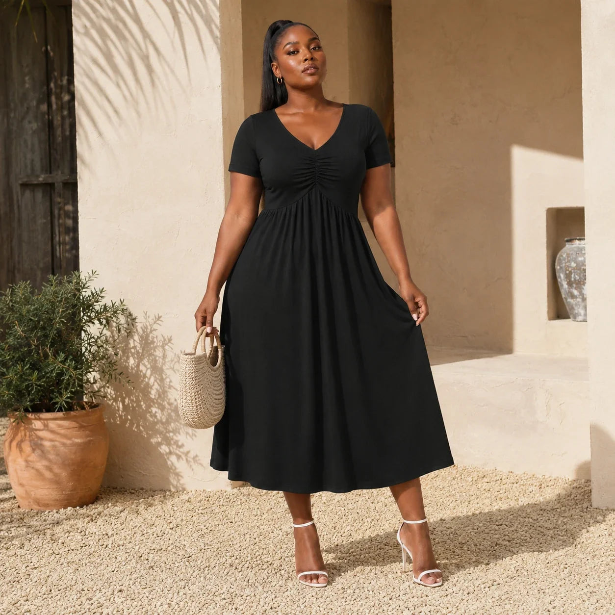 Ruched V-Neck Midi Dress WHD0606398