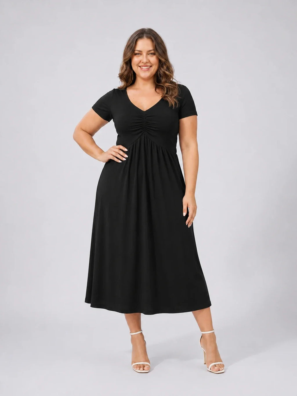 Ruched V-Neck Midi Dress WHD0606398